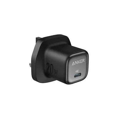 Anker 20W USB-C wall charger adapter in matte black, featuring a UK three-pin plug and a visible Anker logo on the front face.