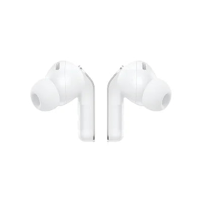 A pair of white wireless earbuds with transparent silicone tips, shown against a solid white background.