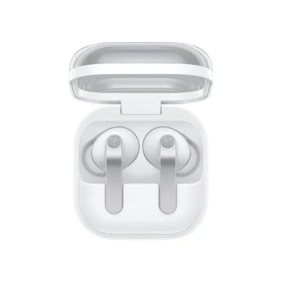 White wireless earbuds in an open charging case on a plain white background.