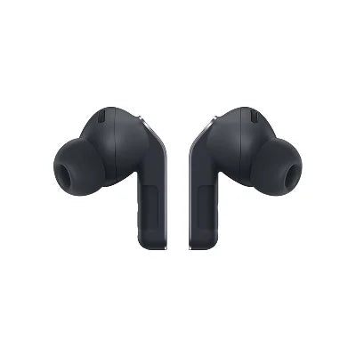 A pair of dark gray wireless earbuds shown from the front against a solid white background.
