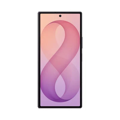 A black smartphone shown from the front on a plain white background, with a pink and purple abstract wallpaper on the screen.