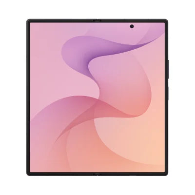 A black foldable smartphone shown closed from the front, featuring a large display with a pink, purple, and peach abstract wallpaper and a small camera cutout at the top center.