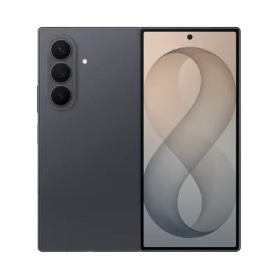 A dark gray Samsung Galaxy S24 Ultra smartphone shown from both the back and front. The back features a vertical triple-camera system and a small flash.