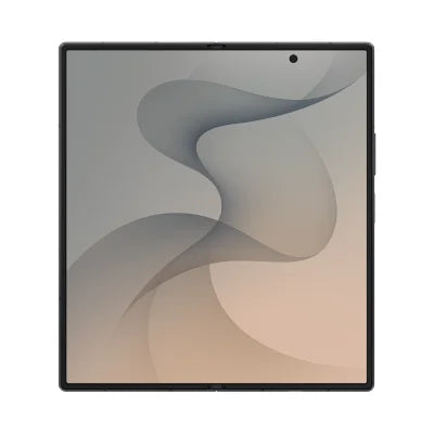 A black foldable tablet shown closed from the front, featuring a large screen with a gray and beige abstract wallpaper and a small camera cutout at the top center.