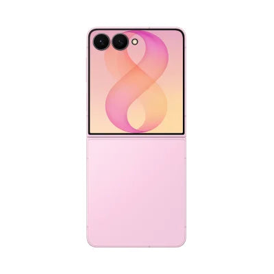 A pink foldable smartphone shown open, with the lower half as a smooth pink back cover and the upper half displaying a colorful screen with a large stylized number 8.