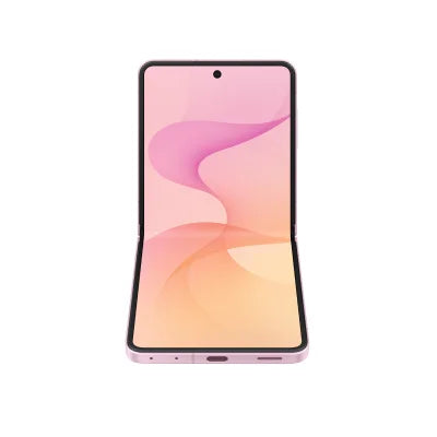 A pink foldable smartphone shown closed from the front on a plain white background, with a pink-to-peach abstract wallpaper visible on the screen.