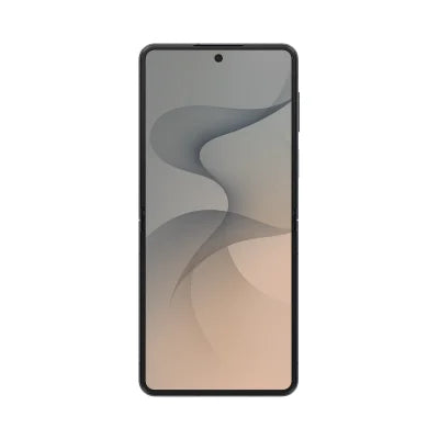 A front-facing smartphone with a black bezel and a screen displaying a soft abstract wallpaper in gray, beige, and peach tones, shown on a plain white background.