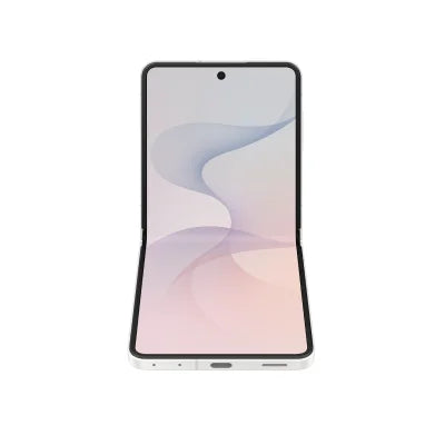 A foldable smartphone shown open and front-facing on a plain white background, with a black outer frame and a soft pastel abstract wallpaper on the screen.