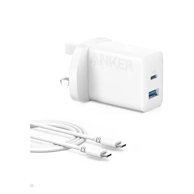 White Anker USB-C wall charger with a matching white USB-C cable, shown on a clean white background.