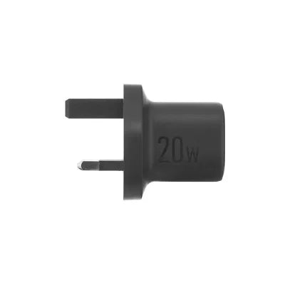 A black 20W UK three-pin wall plug adapter with a matte finish, featuring the '20W' text molded into the side, set against a plain white background.