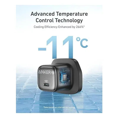 Anker USB-C power adapter with a black outer shell and a silver inner chip, shown against a light blue graphic background with text highlighting temperature control technology.