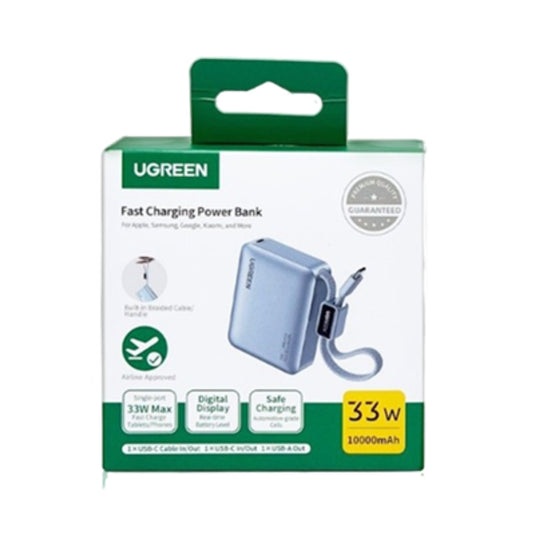 UGREEN 10000mAh Power Bank 30W PD with Built-in USB-C Cable – Blue