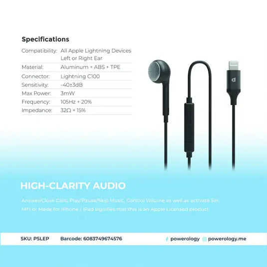 Powerology Single Earphone with MFi Lightning Connector