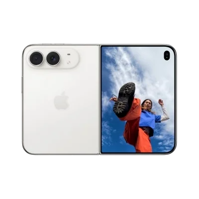 A silver Apple iPhone shown open in half, with the back panel on the left and the lit front display on the right. The screen displays a photo of a person against a blue sky, while the phone body is a light silver-gray color.