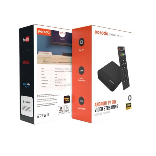 Porodo Android TV Box Video Streaming Unlimited Streaming – Black