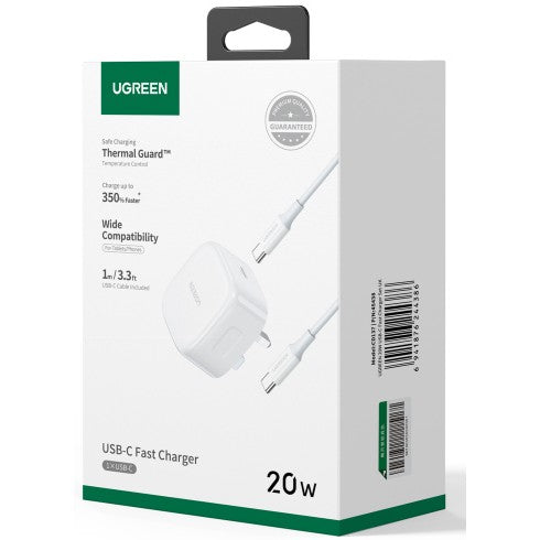 UGREEN 20W PD USB-C Fast Charger (UK Plug) – White With 1m USB-C Cable